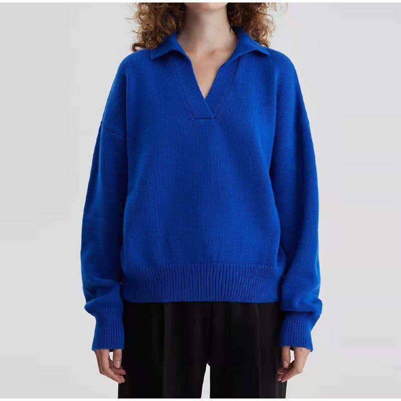 KNIT POLO COLLAR SOLID COLOR PULLOVER SWEATER