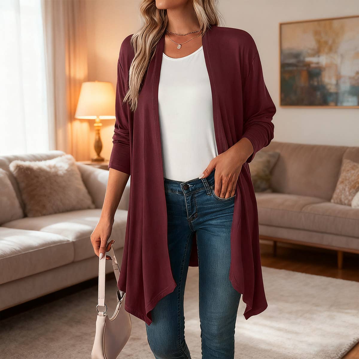 Solid color long unbuttoned cardigan