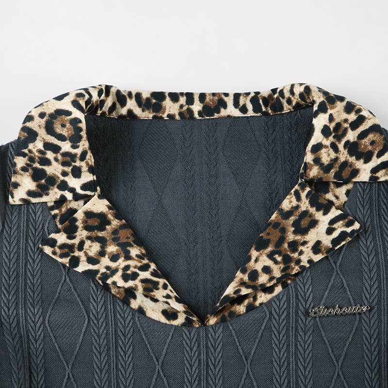 LEOPARD PRINT PATCHWORK KNIT LONG SLEEVE T-SHIRT