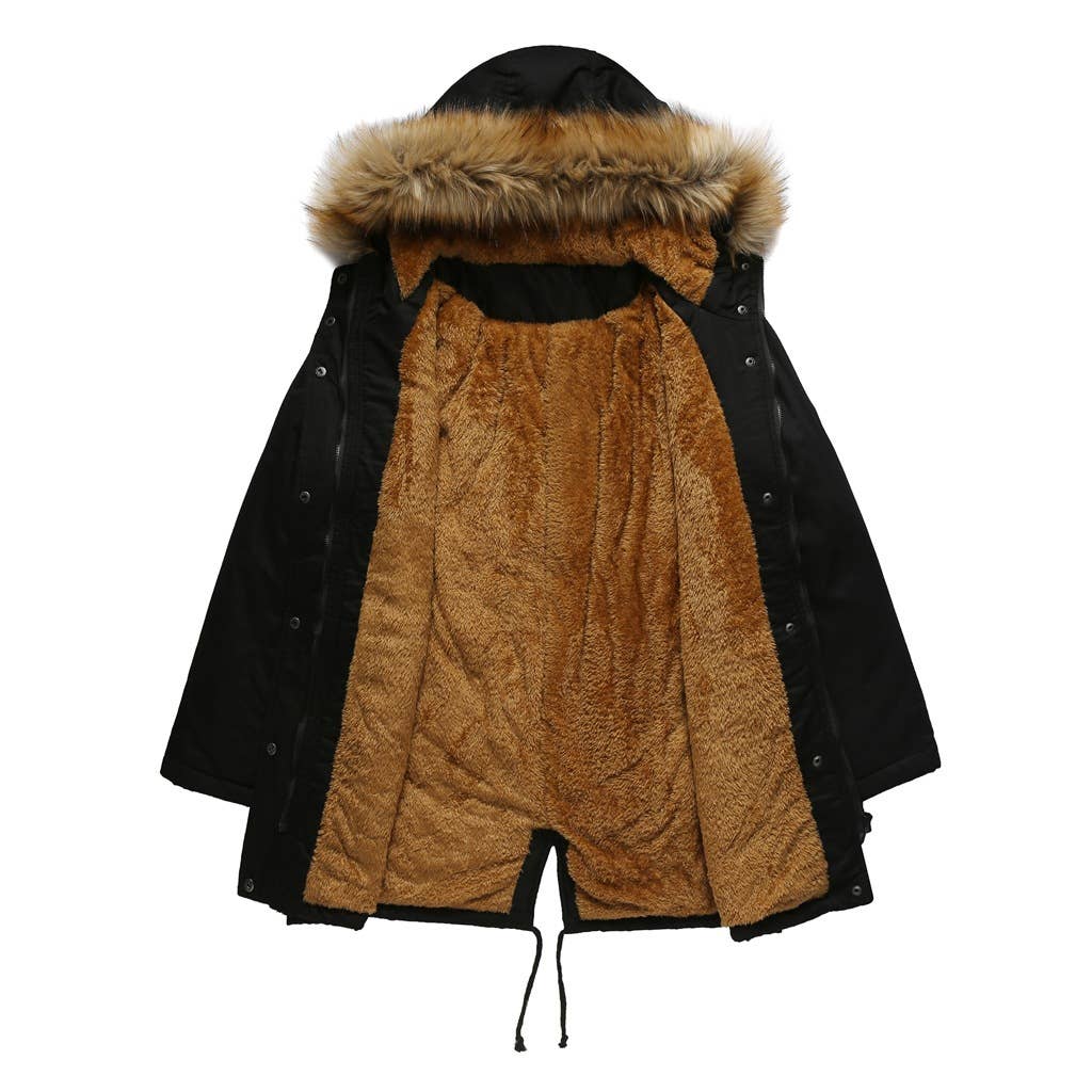 HOODED FUR COLLAR AND FLEECE PADDED JACKET