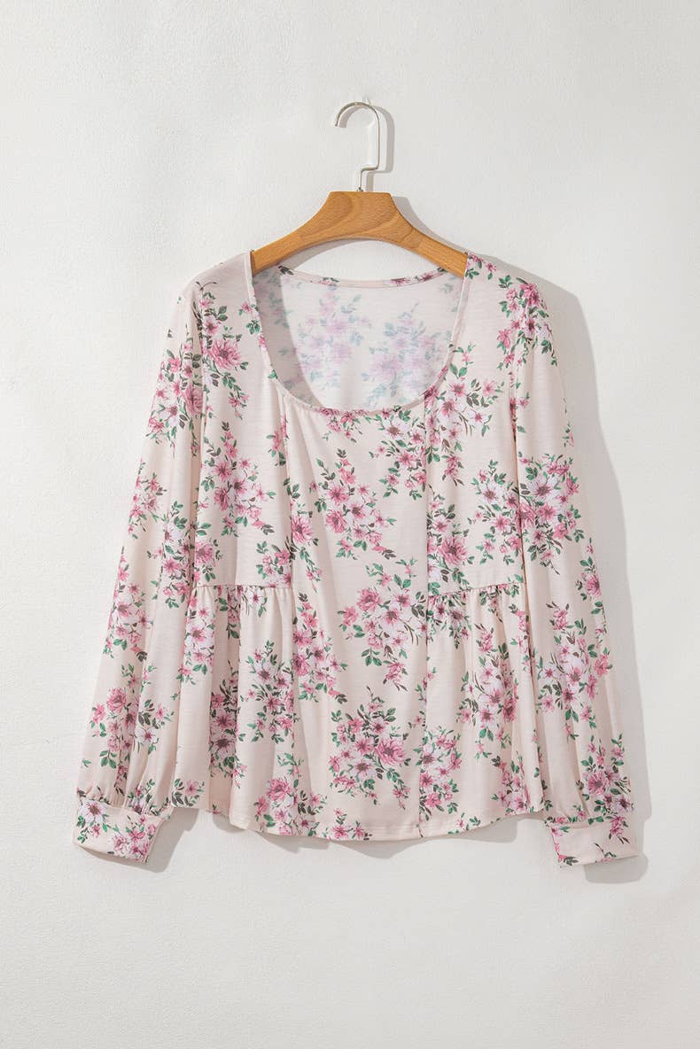 U-NECK FLORAL PRINT PLEATED LONG-SLEEVED TOP