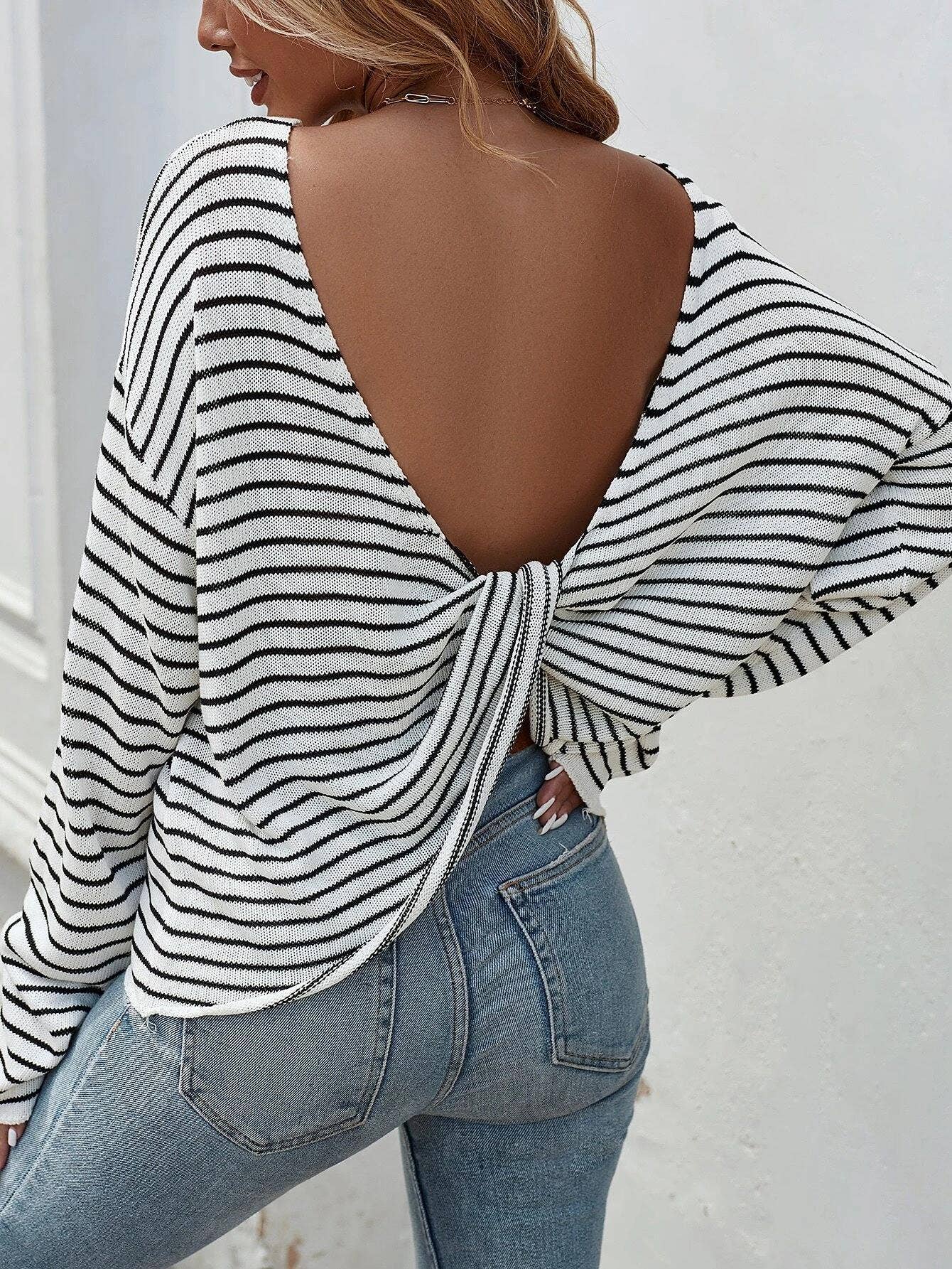 Striped long-sleeved sexy backless cross sweater