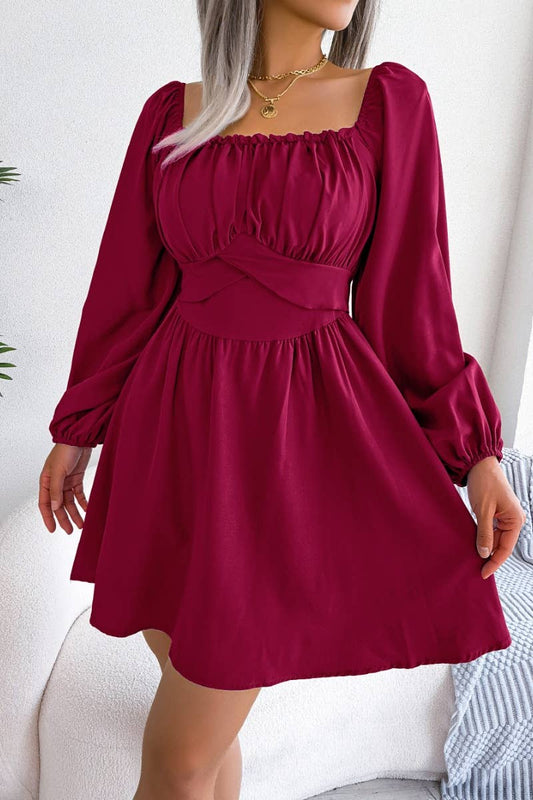 CWDSD4702_WAFFLE DRESS WITH SQUARE COLLAR AND WAIST