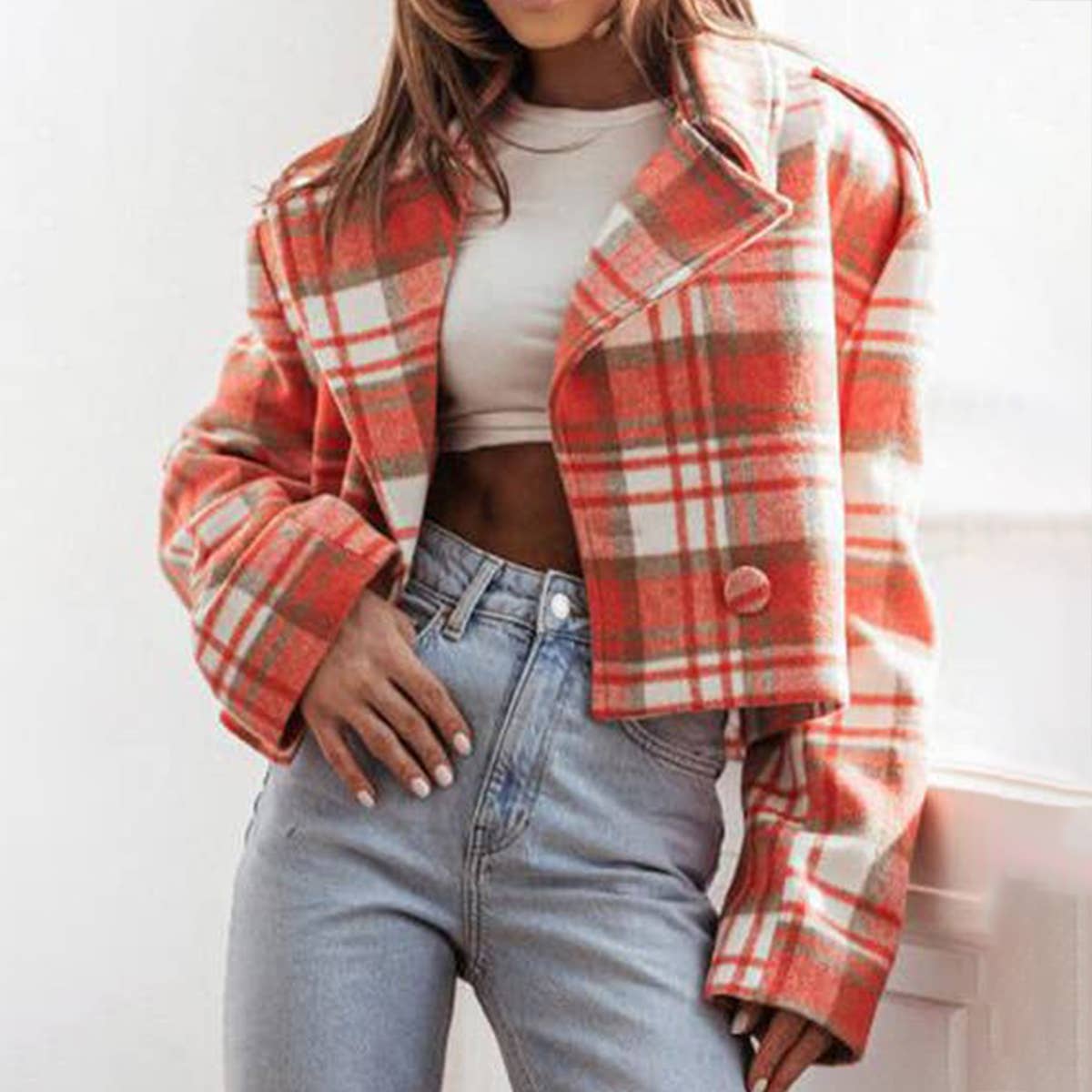 ENGLISH SUIT COLLAR PLAID PRINTED WOOLEN COAT