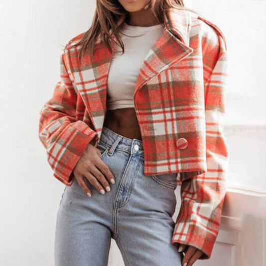 ENGLISH SUIT COLLAR PLAID PRINTED WOOLEN COAT