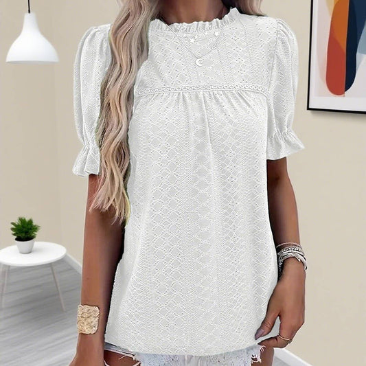 Fashionable printed ruffled sleeve wavy neck top