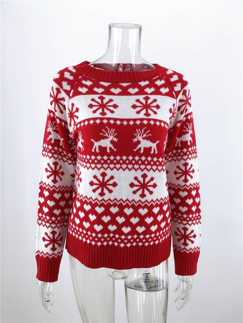 KNIT CREW NECK CHRISTMAS SNOWFLAKE PULLOVER