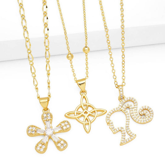 GOLD PLATED DIAMOND FLOWER PENDANT NECKLACE