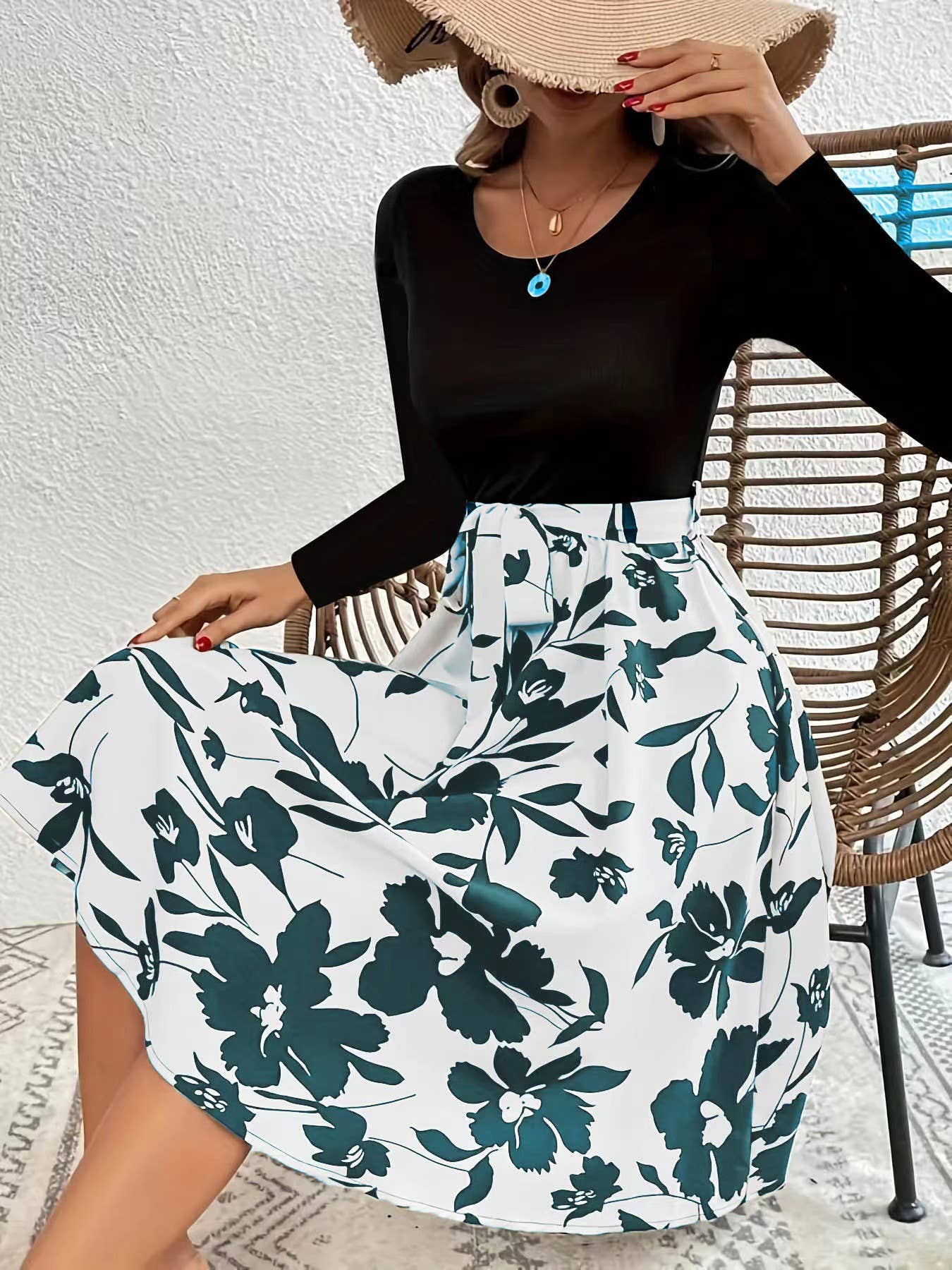 PRINTED SKIRT CREW NECK STRAPPY DRESS