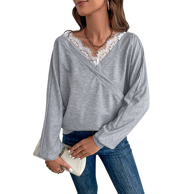 V-neck lace patchwork fashionable pullover shirt
