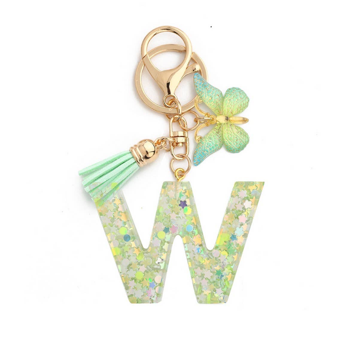 Green Butterfly Resin Letter Keychain with Glitter_CWAB5079