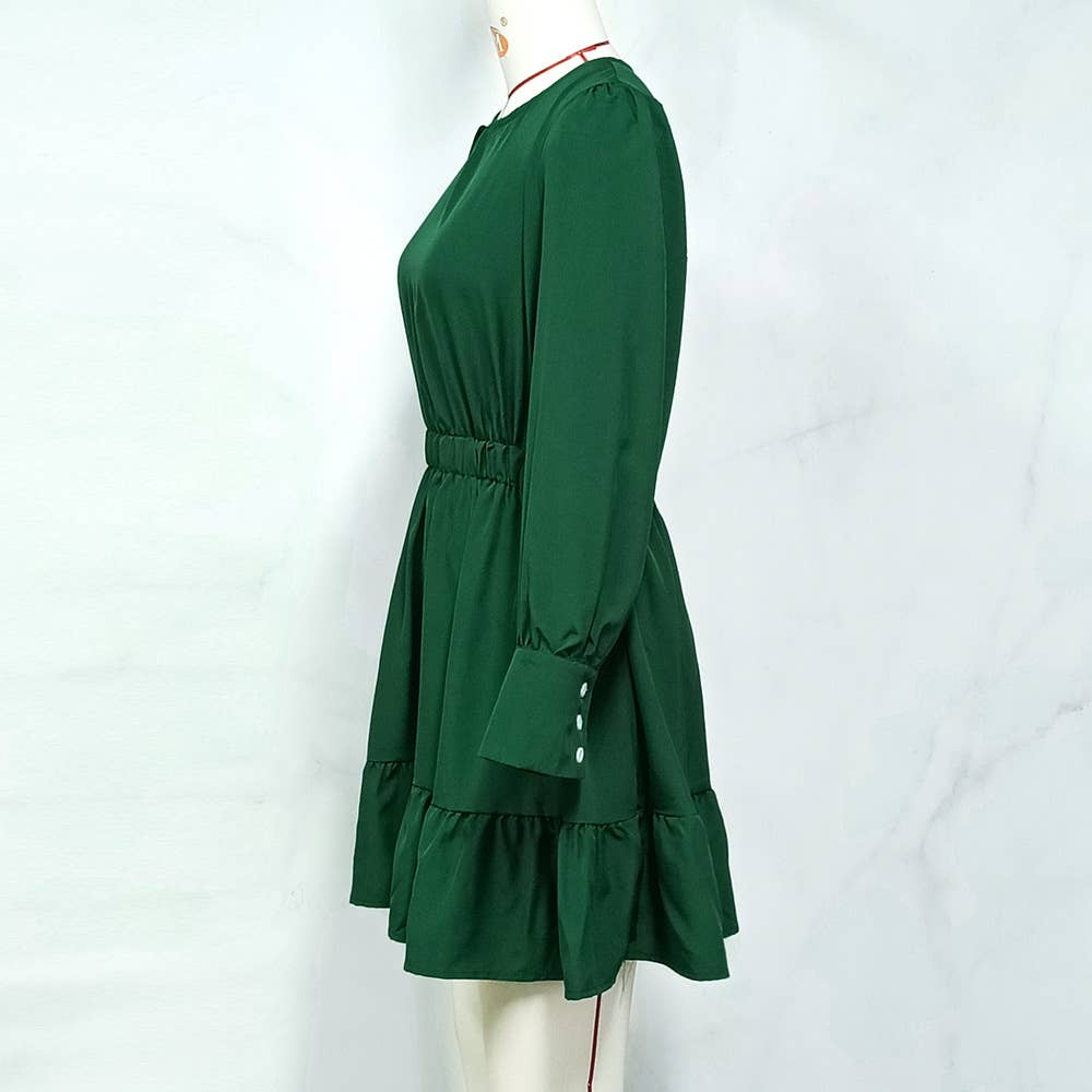 SOLID COLOR PINCHED WAIST LONG SLEEVE DRESS