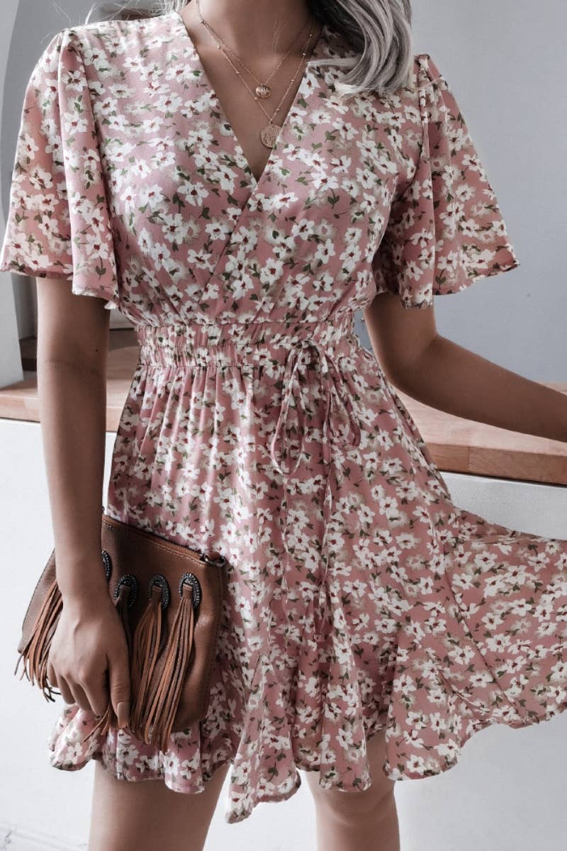 CWDSD4717_V-NECK FLORAL RUFFLED PLEATED DRESS SHORT