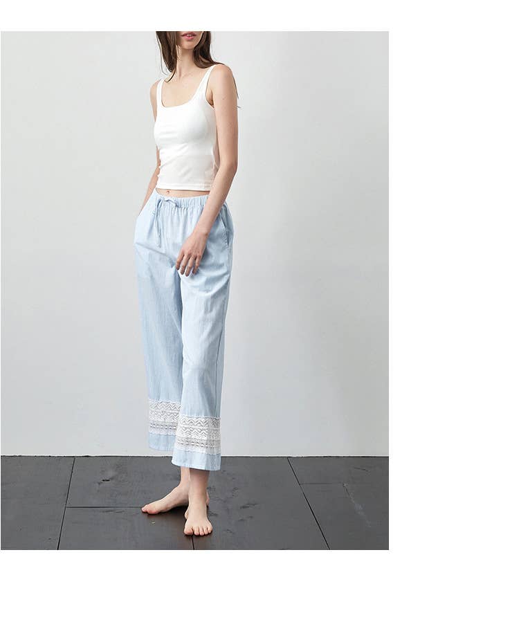 Yarn-dyed patchwork lace cotton pajama pants