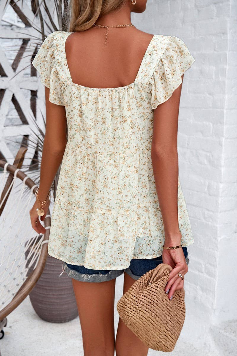 STYLE FLORAL SQUARE COLLAR TOP_CWTBLS0288