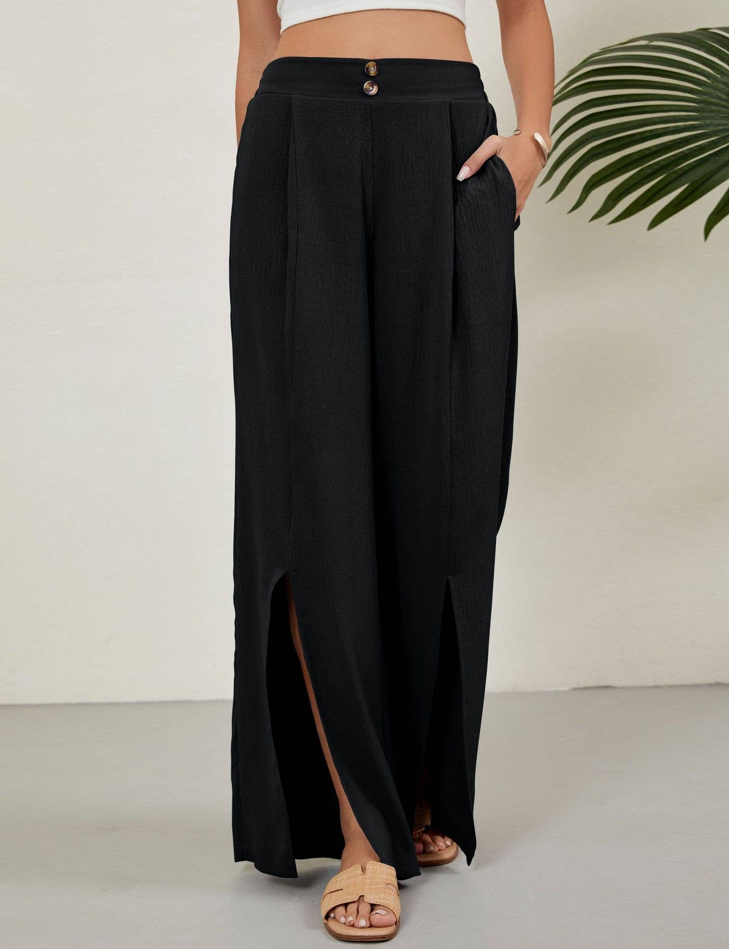 High-waisted stretched-waist slit wide-leg pants