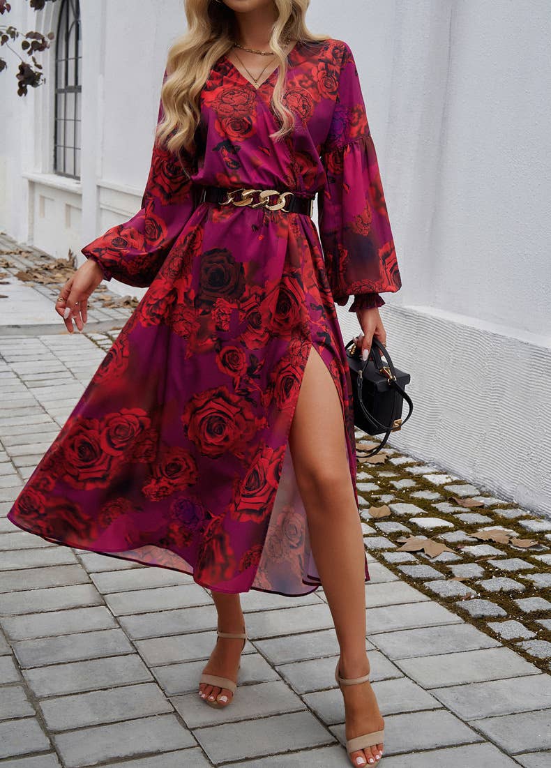 ELEGANT V-NECK HIGH-WAISTED PRINTED DRESS