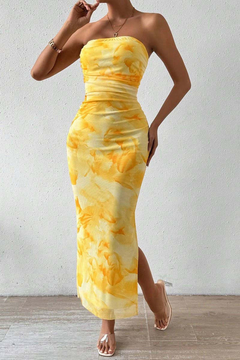 CWDTD0477_SEXY STRAPLESS HIGH WAIST SLIT BODYCON DRESS