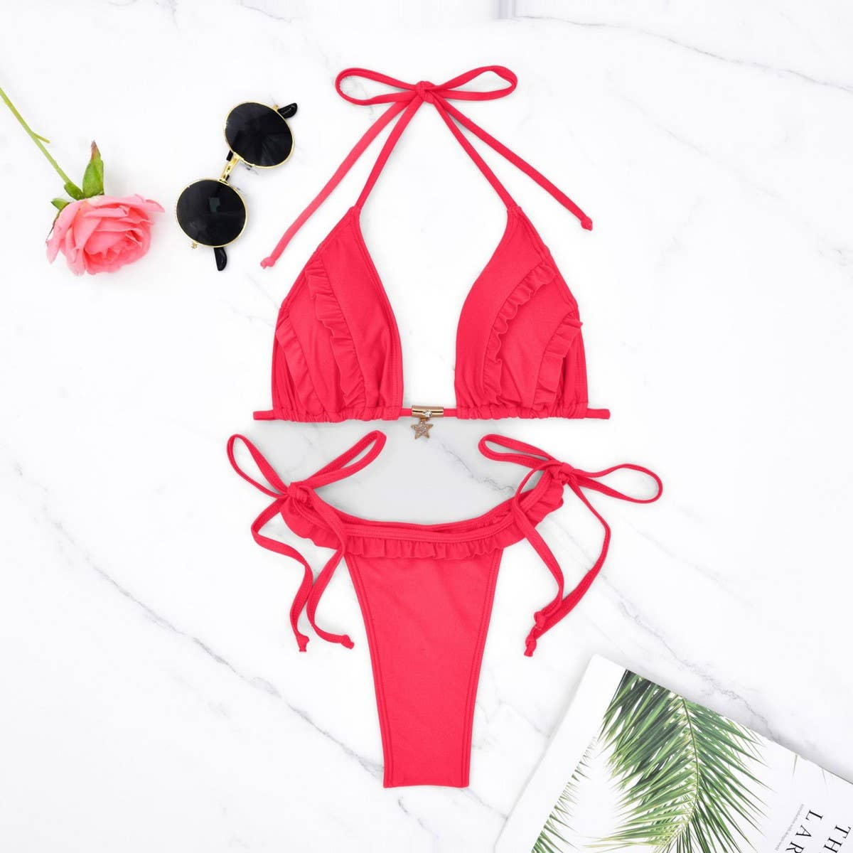 SOLID COLOR LACE-UP BIKINI TWO-PIECE SWIMSUIT_CWMW0759