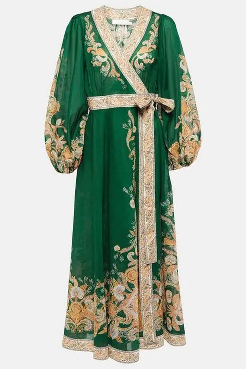 CWDMD5739_V-NECK FASHIONABLE PRINTED LONG-SLEEVED TIE DRESS