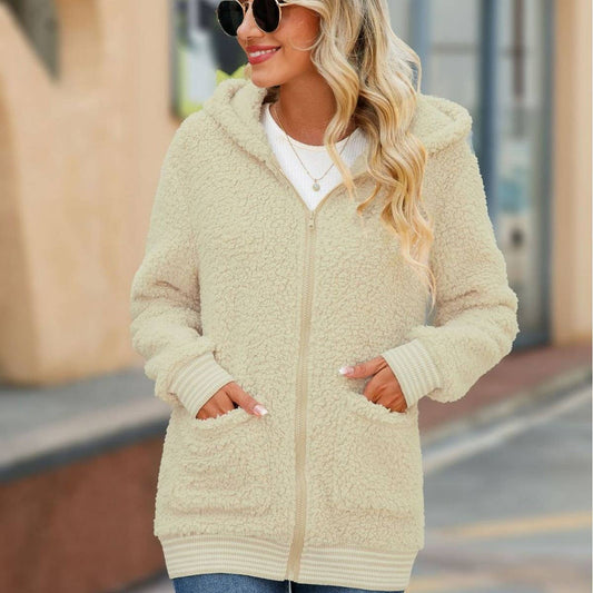 Hooded zipper solid color loose fleece jacket
