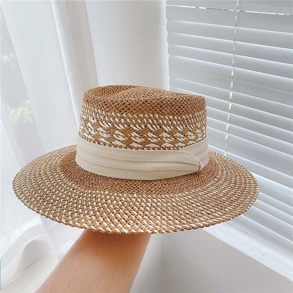 Summer vacation travel sunshade flat top straw hat_CWAH3404