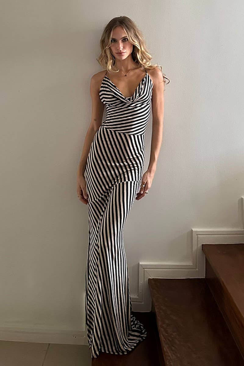CWDMD5089_STRIPED HALTER BACKLESS VACATION MAXI DRESS