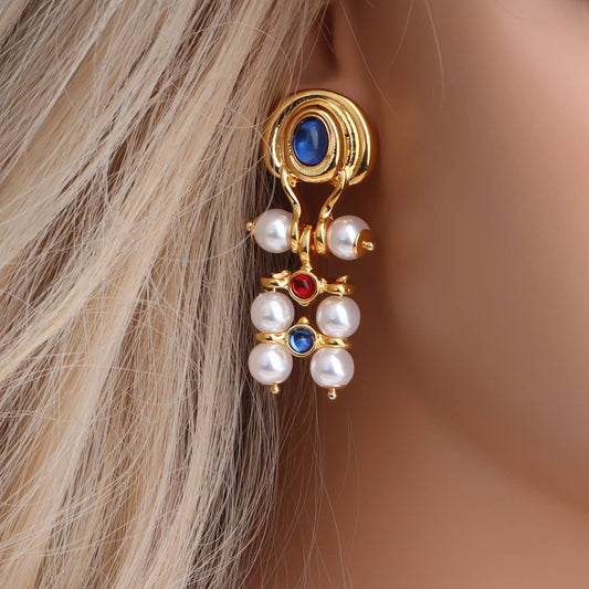 Mid-style pearl tassels silver needle earrings