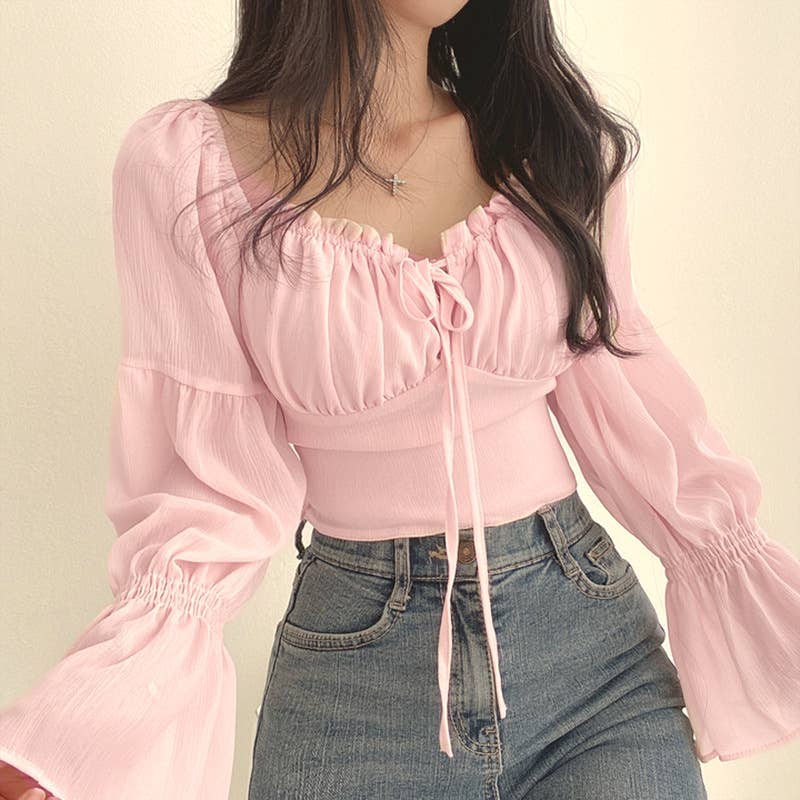 Solid color Korean-style flared sleeves shirt