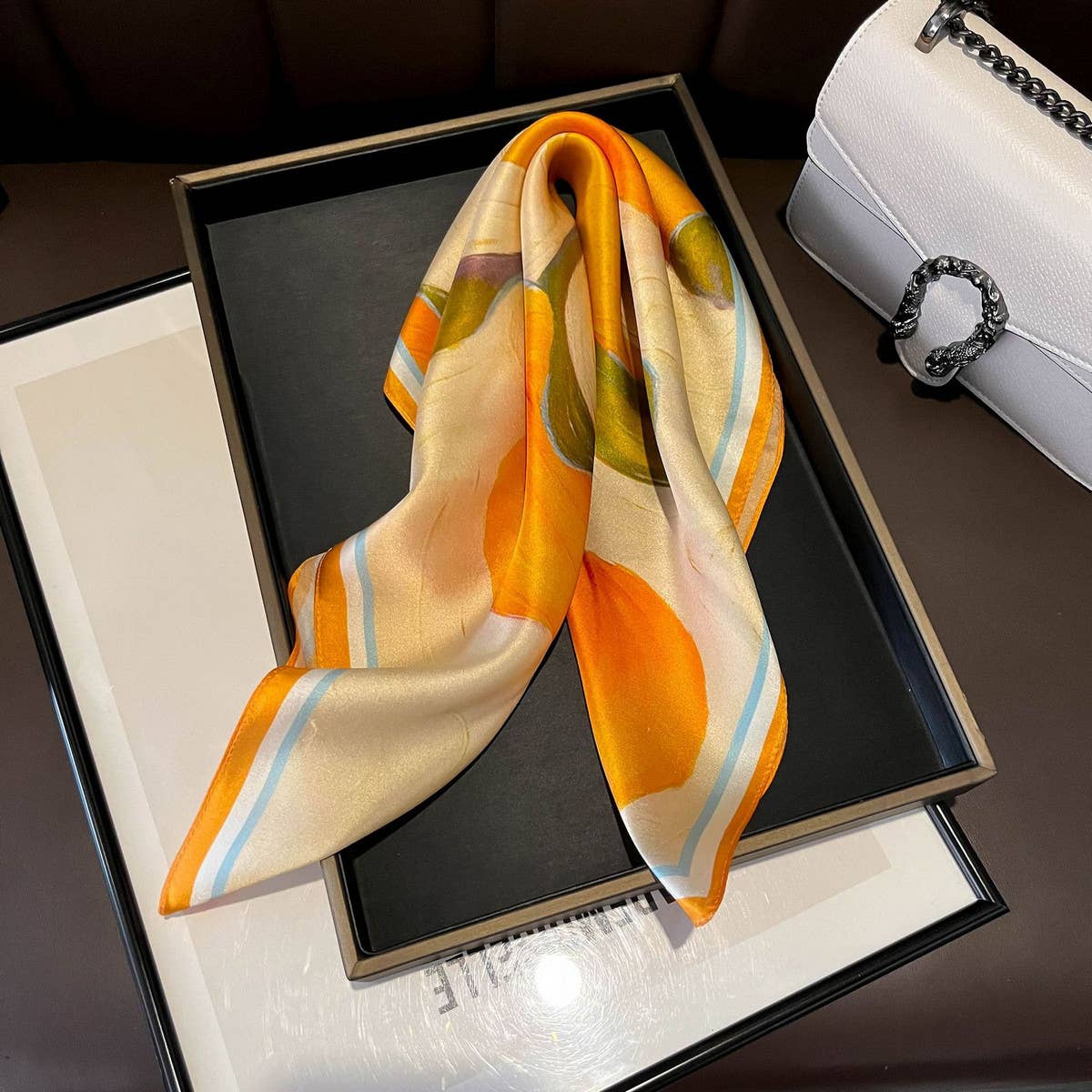 Silk Ribbon Scarf - Orange Floral Long Neck Wrap