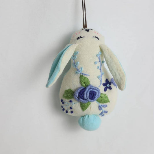 Hand-Embroidered Blue Rose Bunny Plush Charm