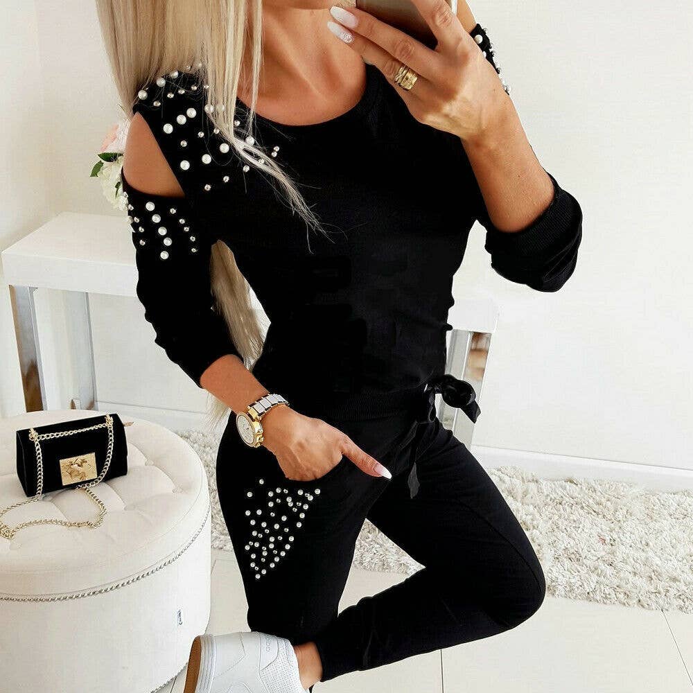SEXY BEADED SOLID COLOR ROUND NECK SUIT