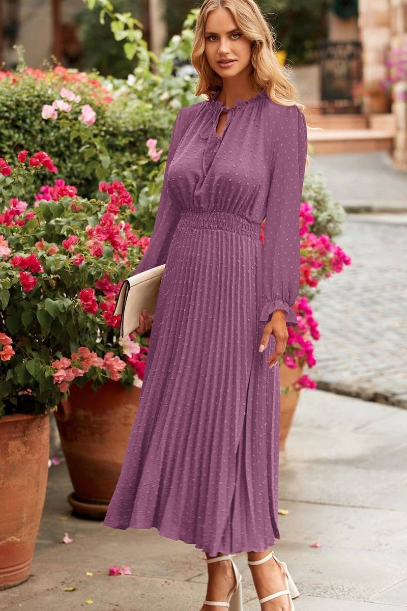 CWDMD4715_V-NECK POLKA DOT PLEATED FLOWY MAXI DRESS