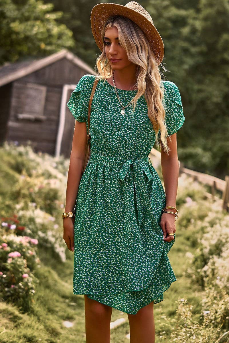 CWDSD2342_Round Neck Short Sleeve Tiered Waist Midi Dress