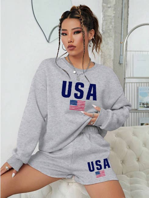 Loose suit printed long-sleeved shirts shorts