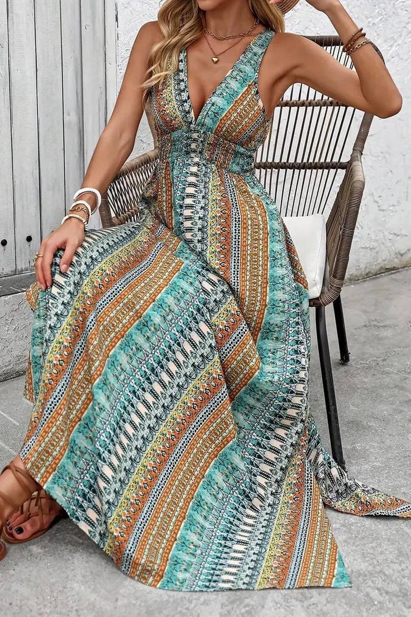 CWDHL0947_SUMMER V-NECK BOHEMIAN LONG DRESS