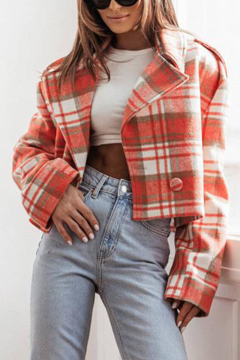 ENGLISH SUIT COLLAR PLAID PRINTED WOOLEN COAT