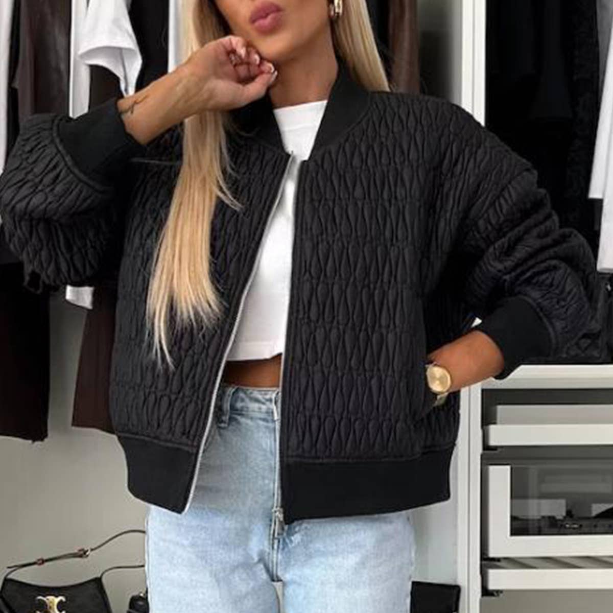 EMBROIDERED SHORT ZIPPER JACKET QUILTED JACKET