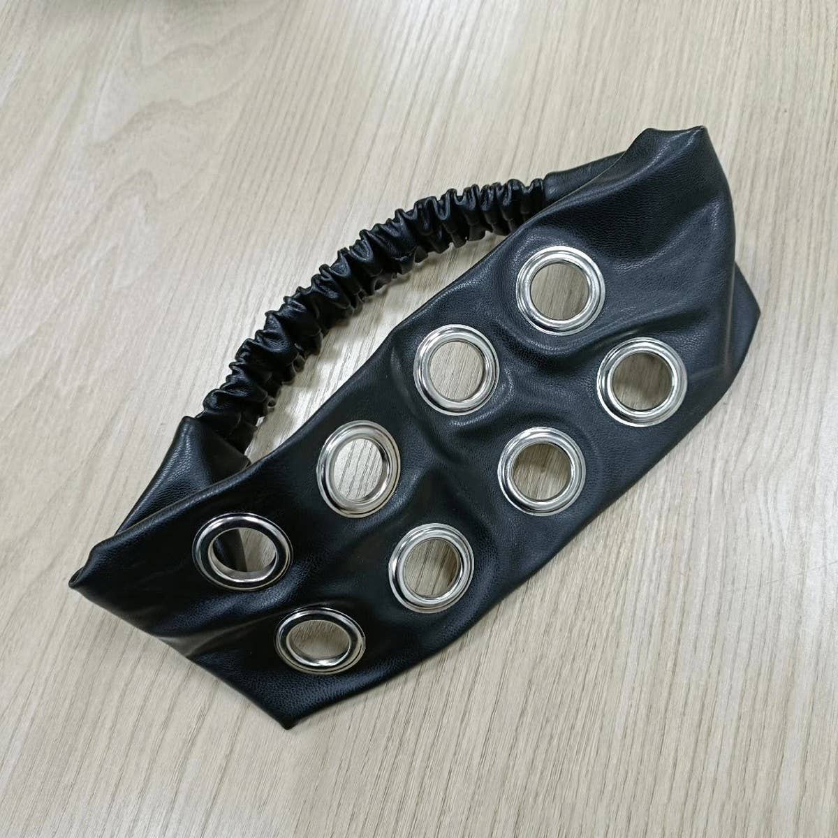 PU Leather Wide Punk Headwrap with Metal Studs_CWAHA6308