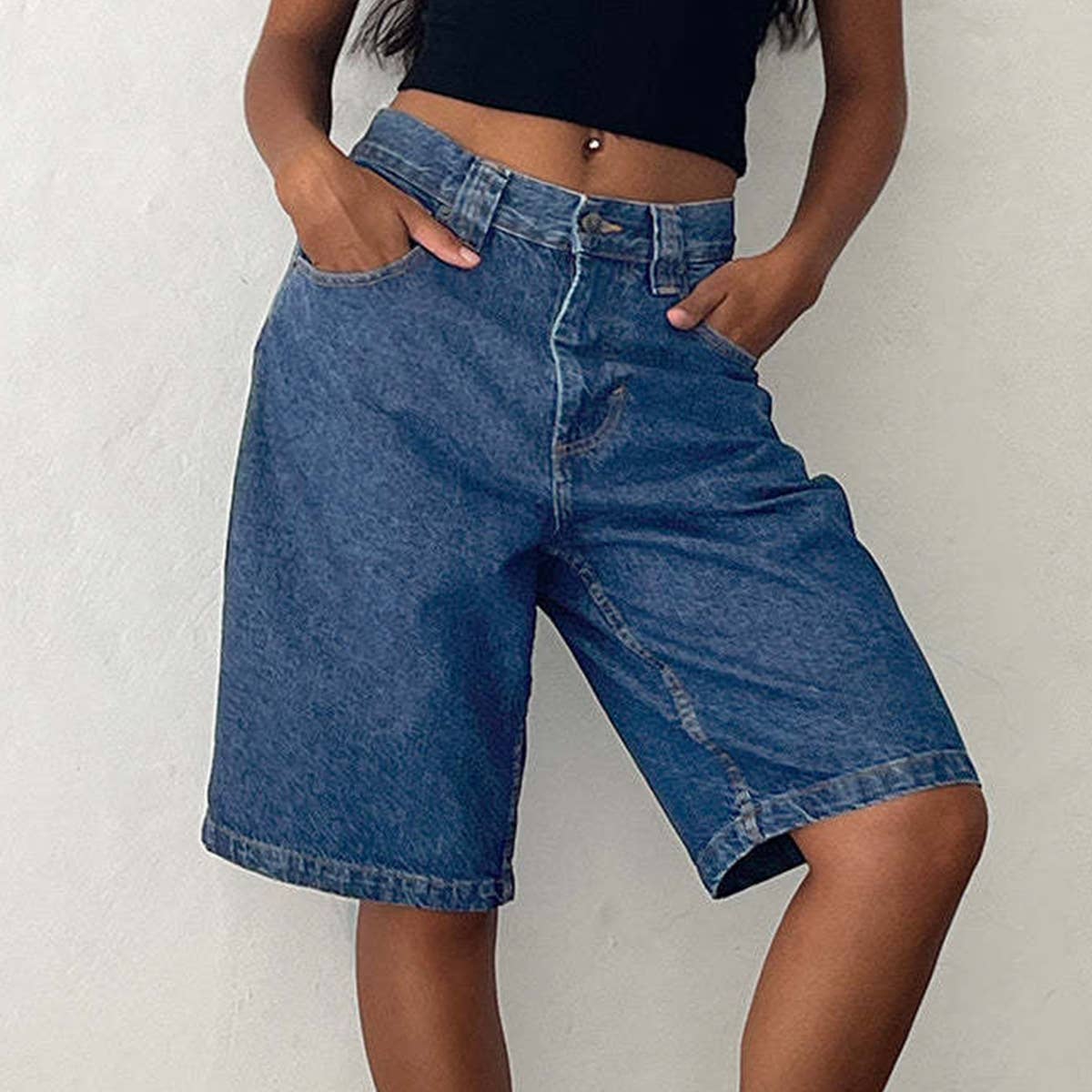 Washed non-elastic casual five-inch jeans