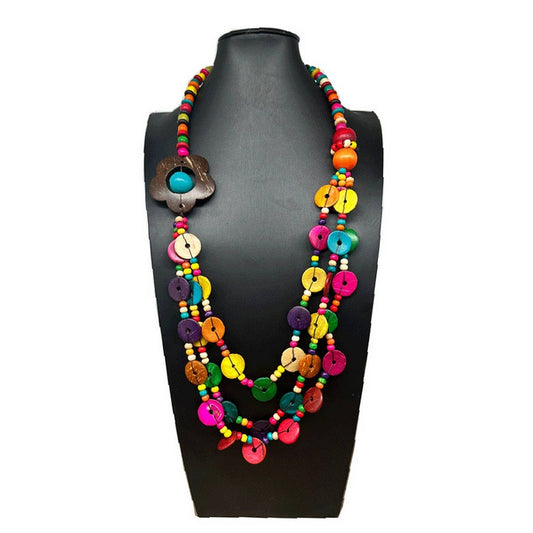 COCONUT SHELL FLOWER MULTI-LAYER BEADED NECKLACE