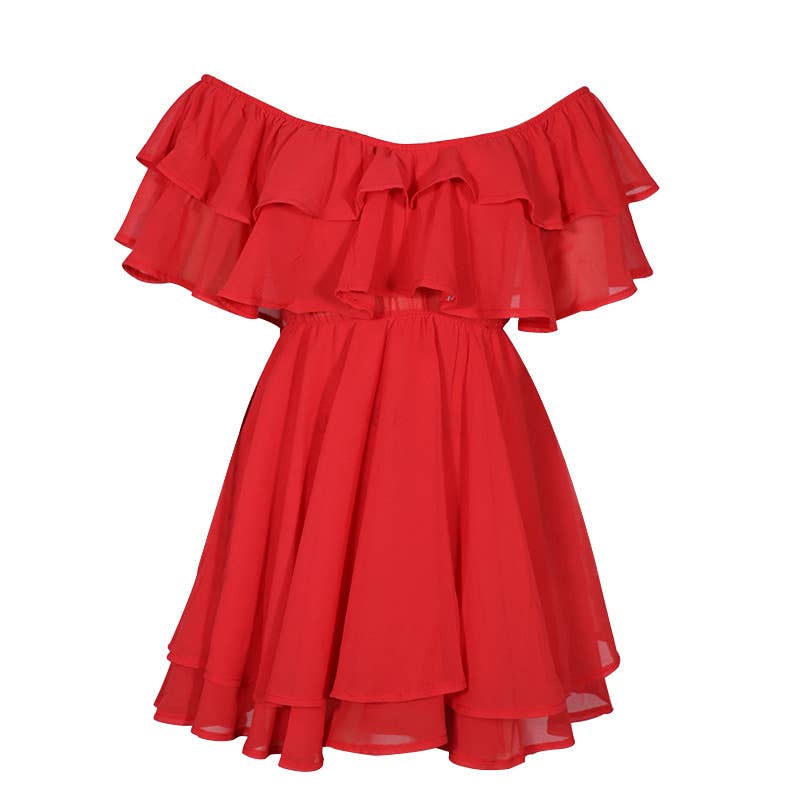 Off-shoulder sleeveless ruffle mini chiffon dress