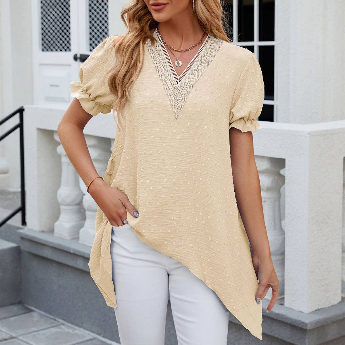 V-neck lace jacquard lace up short sleeved dress