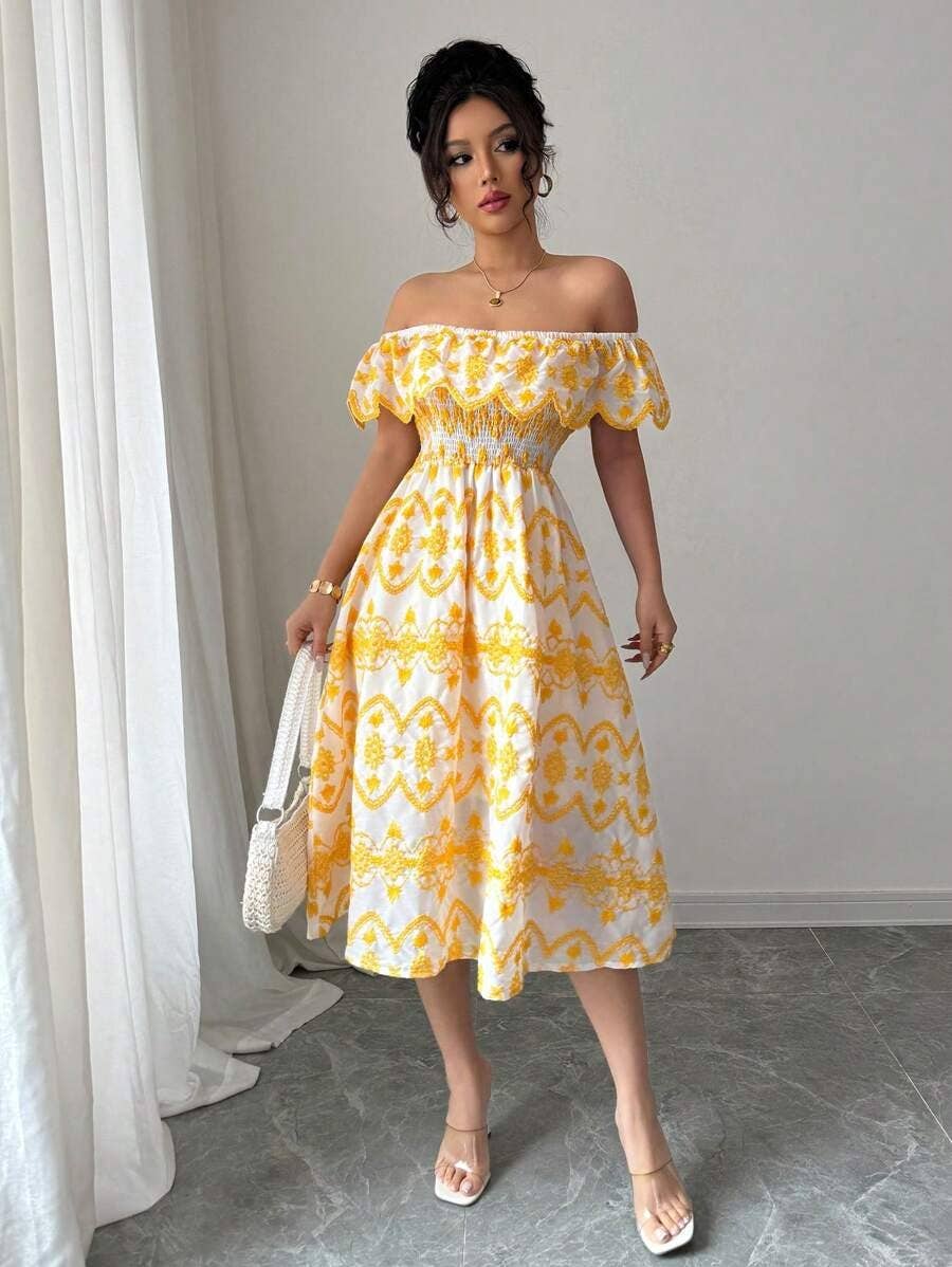 One-shoulder ruffled cutout embroidered dress