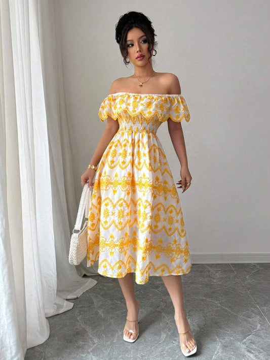 One-shoulder ruffled cutout embroidered dress