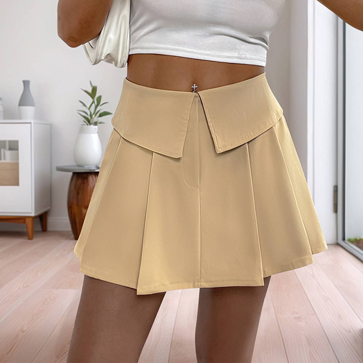 Fake lapel zip pleated high-waisted culottes