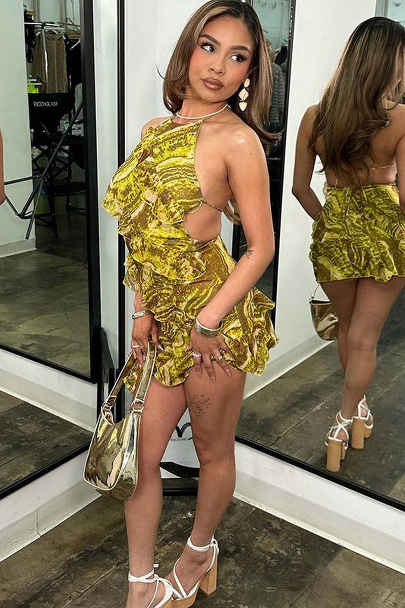 CWDSD10502_HALTER NECK RUFFLE TRIM BODYCON DRESS