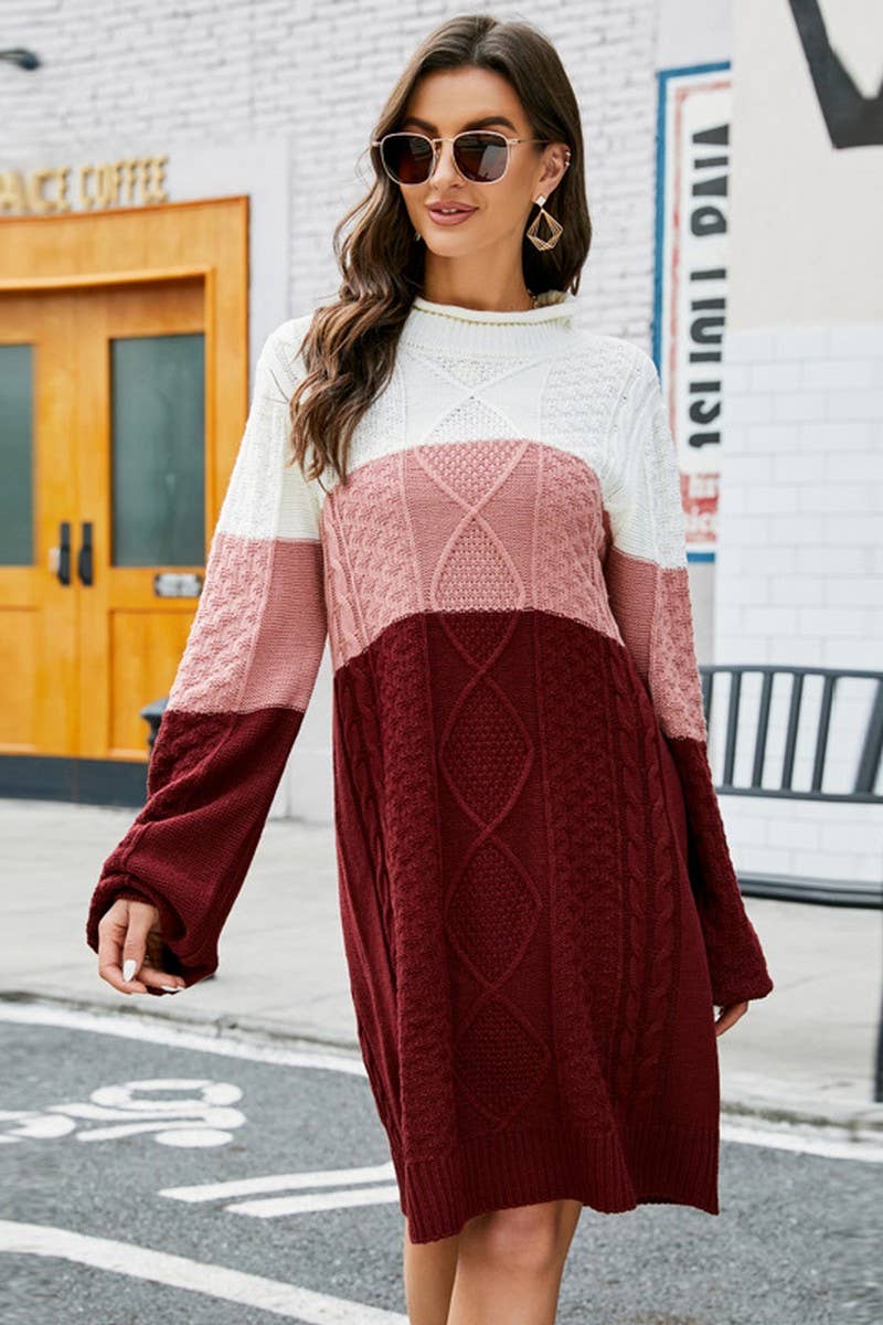 CWDSD5248_ROUND NECK LOOSE CONTRAST COLOR SWEATER DRESS