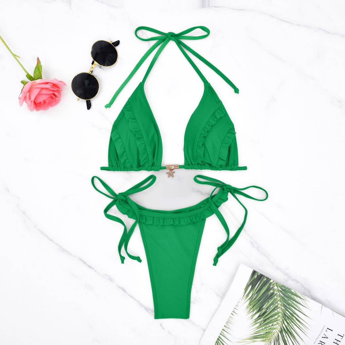 SOLID COLOR LACE-UP BIKINI TWO-PIECE SWIMSUIT_CWMW0759