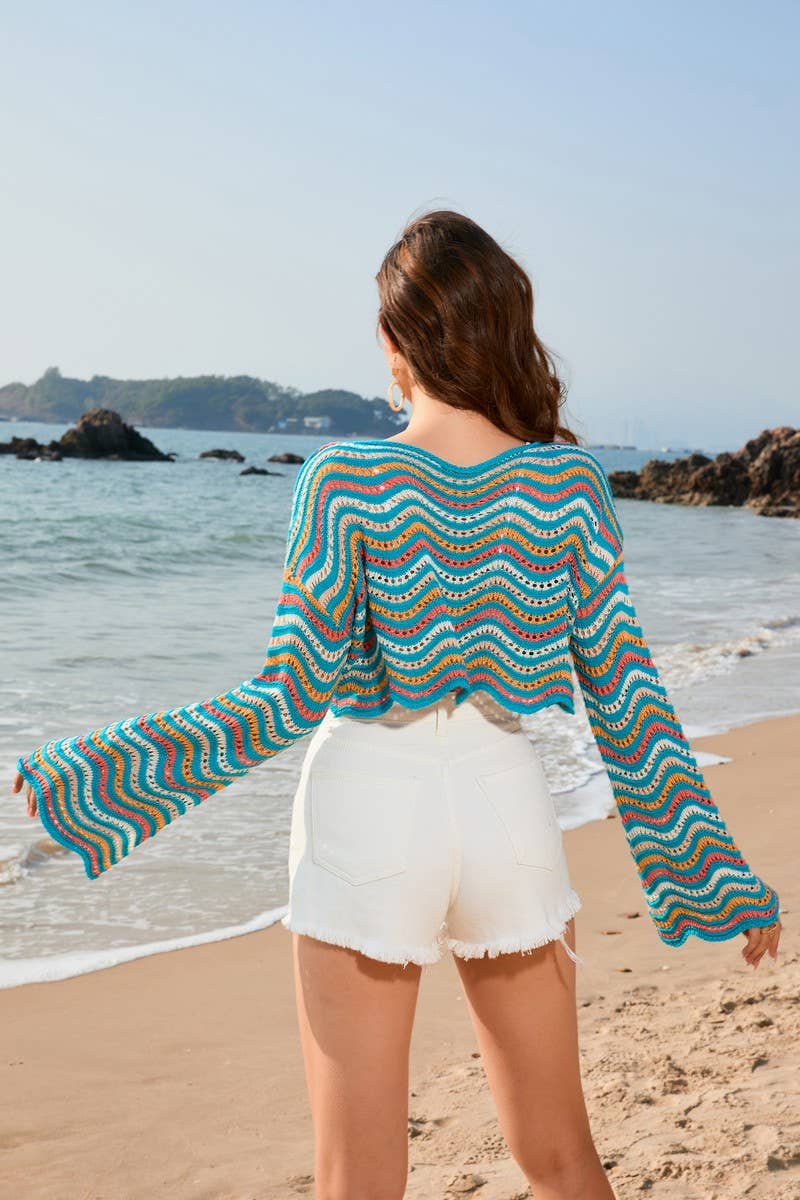 CWOSWL2079_Crew neck striped bikini beach cover-up